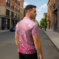 Hawaii Rose Pink Kapa Zipper Polo Shirt Vintage 'Ohe Kāpala Motifs Mix Plumeria Leis