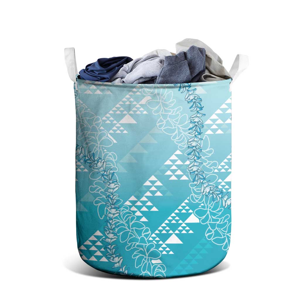 Hawaii Turquoise Kapa Laundry Basket Vintage 'Ohe Kāpala Motifs Mix Plumeria Leis