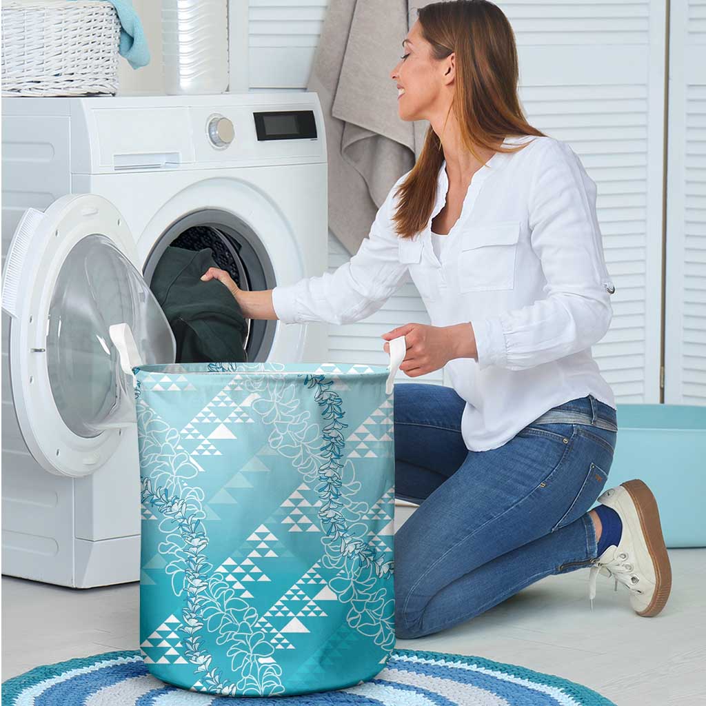Hawaii Turquoise Kapa Laundry Basket Vintage 'Ohe Kāpala Motifs Mix Plumeria Leis