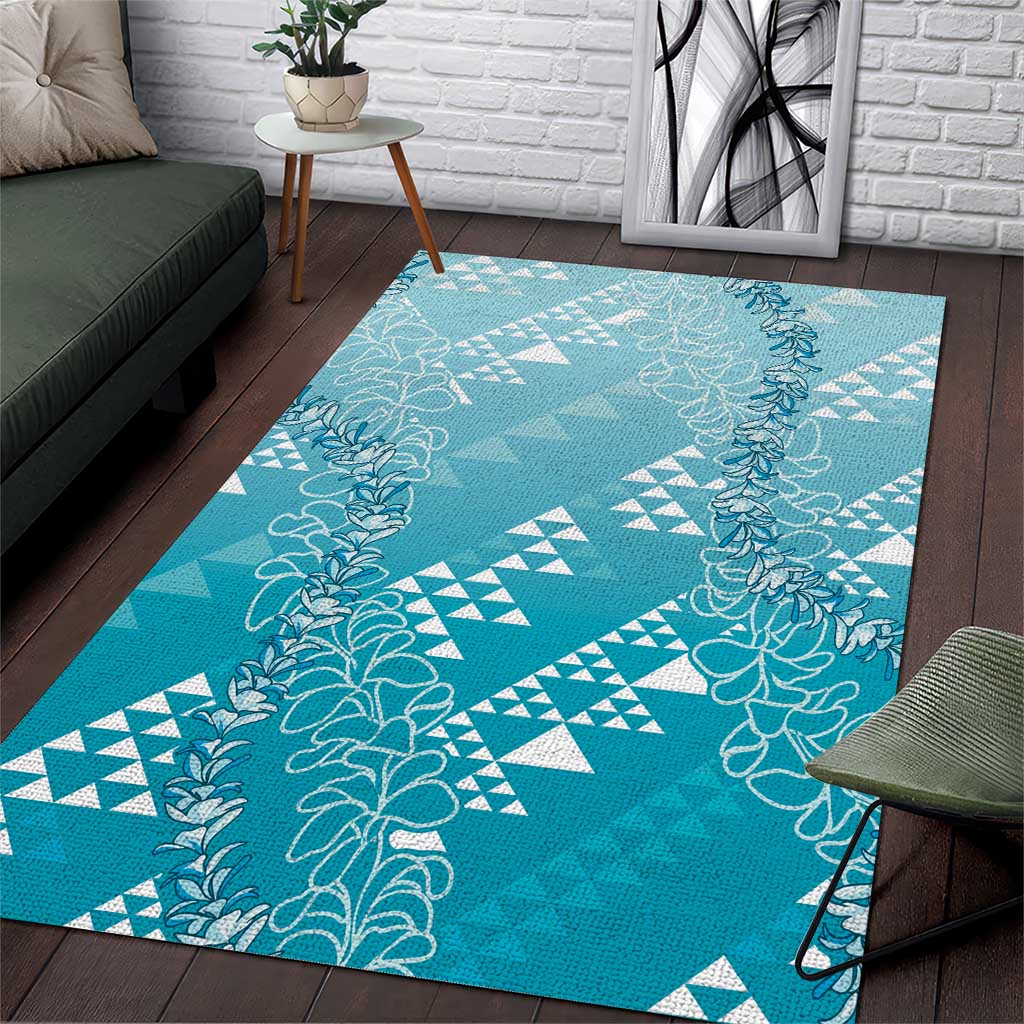 Hawaii Turquoise Kapa Area Rug Vintage 'Ohe Kāpala Motifs Mix Plumeria Leis LT7 Turquoise - Polynesian Pride