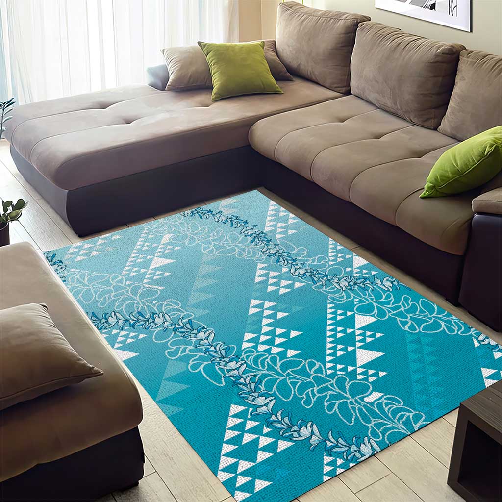 Hawaii Turquoise Kapa Area Rug Vintage 'Ohe Kāpala Motifs Mix Plumeria Leis LT7 - Polynesian Pride