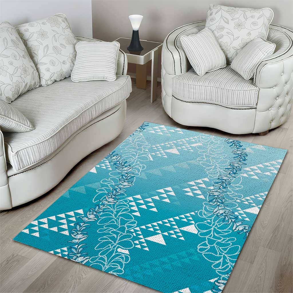 Hawaii Turquoise Kapa Area Rug Vintage 'Ohe Kāpala Motifs Mix Plumeria Leis LT7 - Polynesian Pride