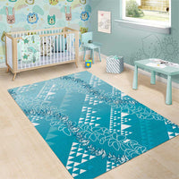 Hawaii Turquoise Kapa Area Rug Vintage 'Ohe Kāpala Motifs Mix Plumeria Leis LT7 - Polynesian Pride