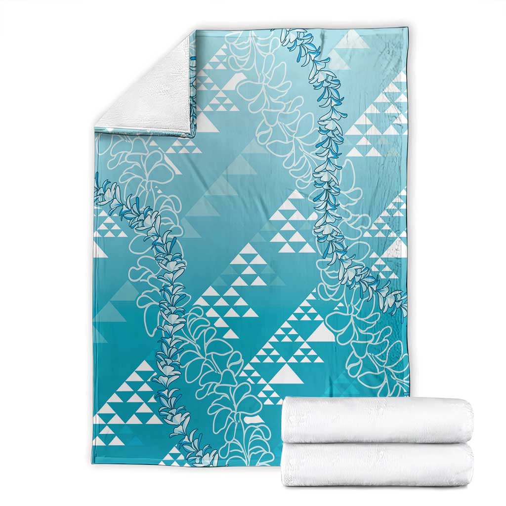 Hawaii Turquoise Kapa Blanket Vintage 'Ohe Kāpala Motifs Mix Plumeria Leis