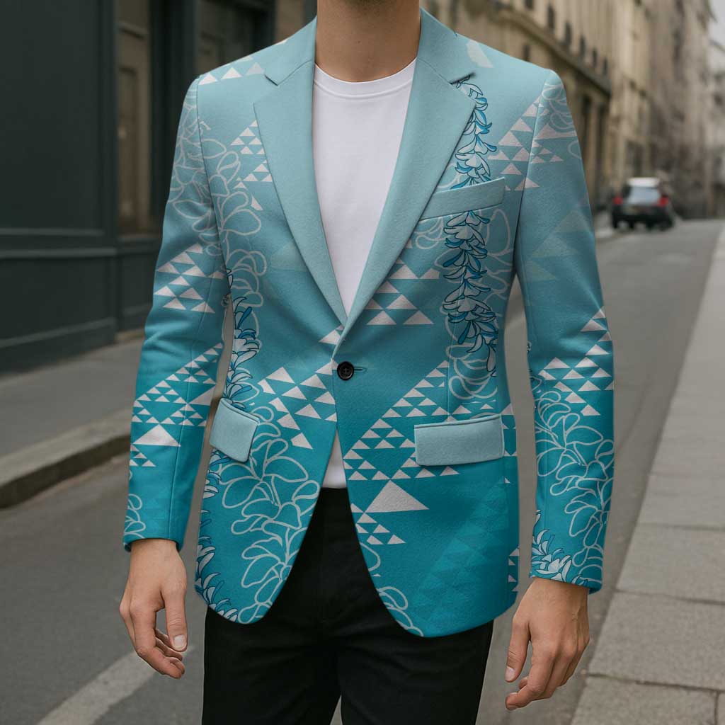 Hawaii Turquoise Kapa Blazer Vintage 'Ohe Kāpala Motifs Mix Plumeria Leis