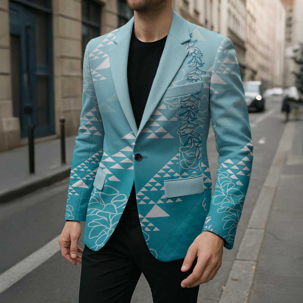 Hawaii Turquoise Kapa Blazer Vintage 'Ohe Kāpala Motifs Mix Plumeria Leis