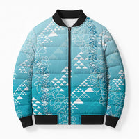Hawaii Turquoise Kapa Bomber Puffer Jacket Vintage 'Ohe Kāpala Motifs Mix Plumeria Leis
