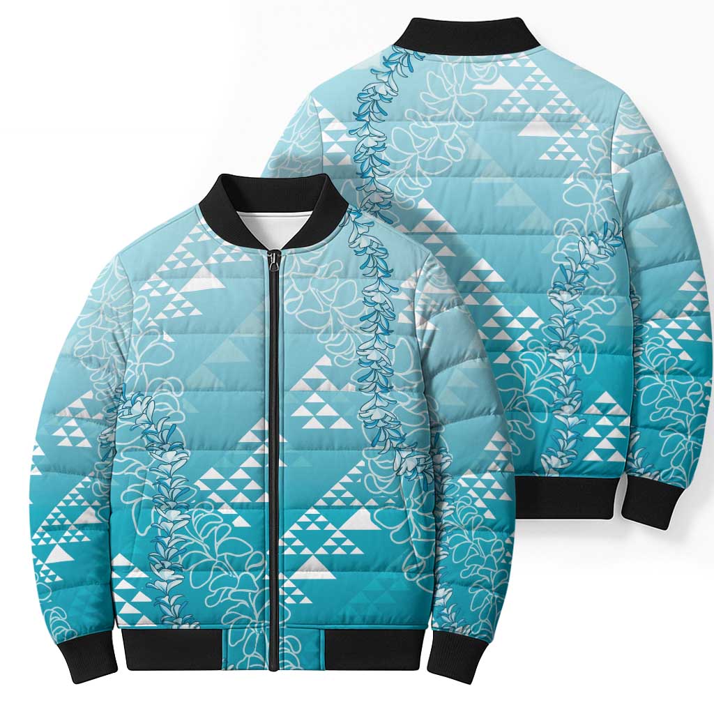 Hawaii Turquoise Kapa Bomber Puffer Jacket Vintage 'Ohe Kāpala Motifs Mix Plumeria Leis