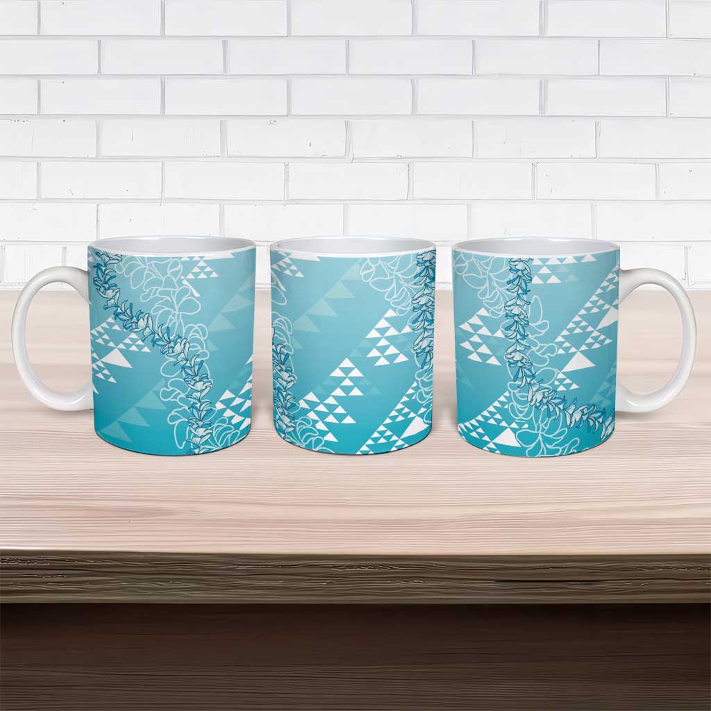 Hawaii Turquoise Kapa Ceramic Mug Vintage 'Ohe Kāpala Motifs Mix Plumeria Leis
