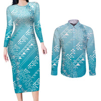 Hawaii Turquoise Kapa Couples Matching Long Sleeve Bodycon Dress and Long Sleeve Button Shirt Vintage 'Ohe Kāpala Motifs Mix Plumeria Leis