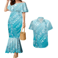 Hawaii Turquoise Kapa Couples Matching Mermaid Dress and Hawaiian Shirt Vintage 'Ohe Kāpala Motifs Mix Plumeria Leis LT7 Turquoise - Polynesian Pride