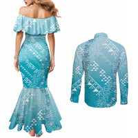 Hawaii Turquoise Kapa Couples Matching Mermaid Dress and Long Sleeve Button Shirt Vintage 'Ohe Kāpala Motifs Mix Plumeria Leis
