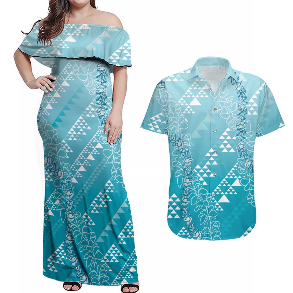 Hawaii Turquoise Kapa Couples Matching Off Shoulder Maxi Dress and Hawaiian Shirt Vintage 'Ohe Kāpala Motifs Mix Plumeria Leis