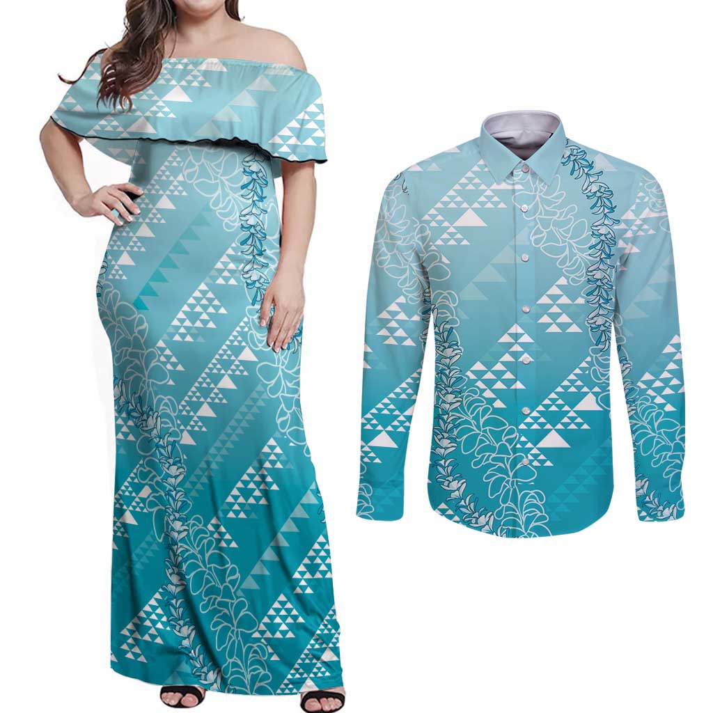 Hawaii Turquoise Kapa Couples Matching Off Shoulder Maxi Dress and Long Sleeve Button Shirt Vintage 'Ohe Kāpala Motifs Mix Plumeria Leis