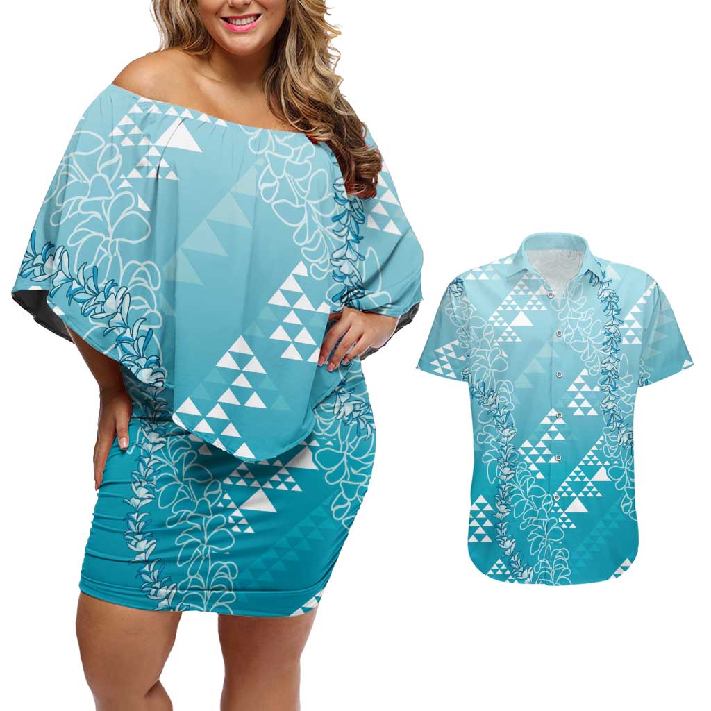 Hawaii Turquoise Kapa Couples Matching Off Shoulder Short Dress and Hawaiian Shirt Vintage 'Ohe Kāpala Motifs Mix Plumeria Leis