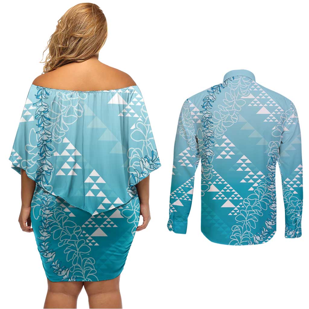 Hawaii Turquoise Kapa Couples Matching Off Shoulder Short Dress and Long Sleeve Button Shirt Vintage 'Ohe Kāpala Motifs Mix Plumeria Leis