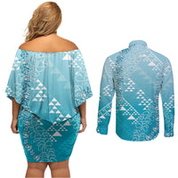 Hawaii Turquoise Kapa Couples Matching Off Shoulder Short Dress and Long Sleeve Button Shirt Vintage 'Ohe Kāpala Motifs Mix Plumeria Leis