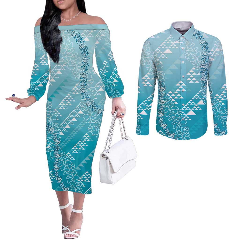 Hawaii Turquoise Kapa Couples Matching Off The Shoulder Long Sleeve Dress and Long Sleeve Button Shirt Vintage 'Ohe Kāpala Motifs Mix Plumeria Leis