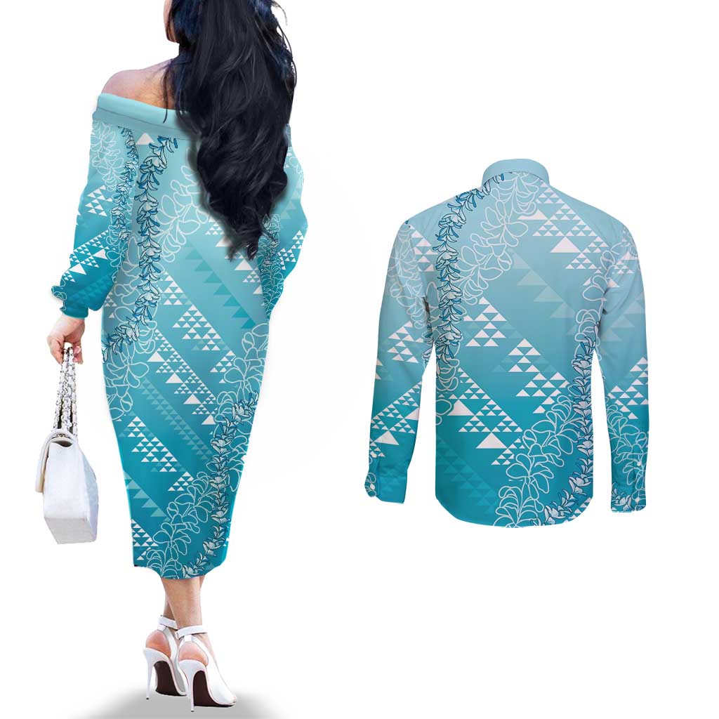 Hawaii Turquoise Kapa Couples Matching Off The Shoulder Long Sleeve Dress and Long Sleeve Button Shirt Vintage 'Ohe Kāpala Motifs Mix Plumeria Leis