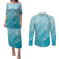Hawaii Turquoise Kapa Couples Matching Puletasi and Long Sleeve Button Shirt Vintage 'Ohe Kāpala Motifs Mix Plumeria Leis LT7 Turquoise - Polynesian Pride