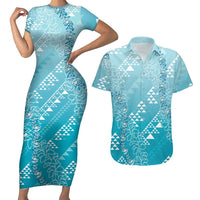 Hawaii Turquoise Kapa Couples Matching Short Sleeve Bodycon Dress and Hawaiian Shirt Vintage 'Ohe Kāpala Motifs Mix Plumeria Leis LT7 Turquoise - Polynesian Pride