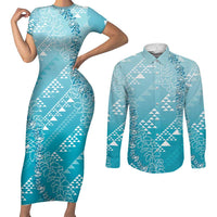 Hawaii Turquoise Kapa Couples Matching Short Sleeve Bodycon Dress and Long Sleeve Button Shirt Vintage 'Ohe Kāpala Motifs Mix Plumeria Leis