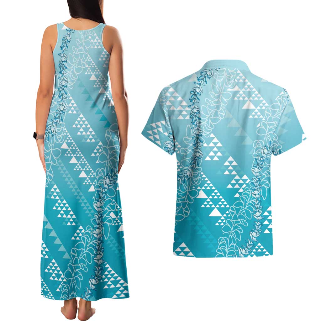Hawaii Turquoise Kapa Couples Matching Tank Maxi Dress and Hawaiian Shirt Vintage 'Ohe Kāpala Motifs Mix Plumeria Leis LT7 - Polynesian Pride