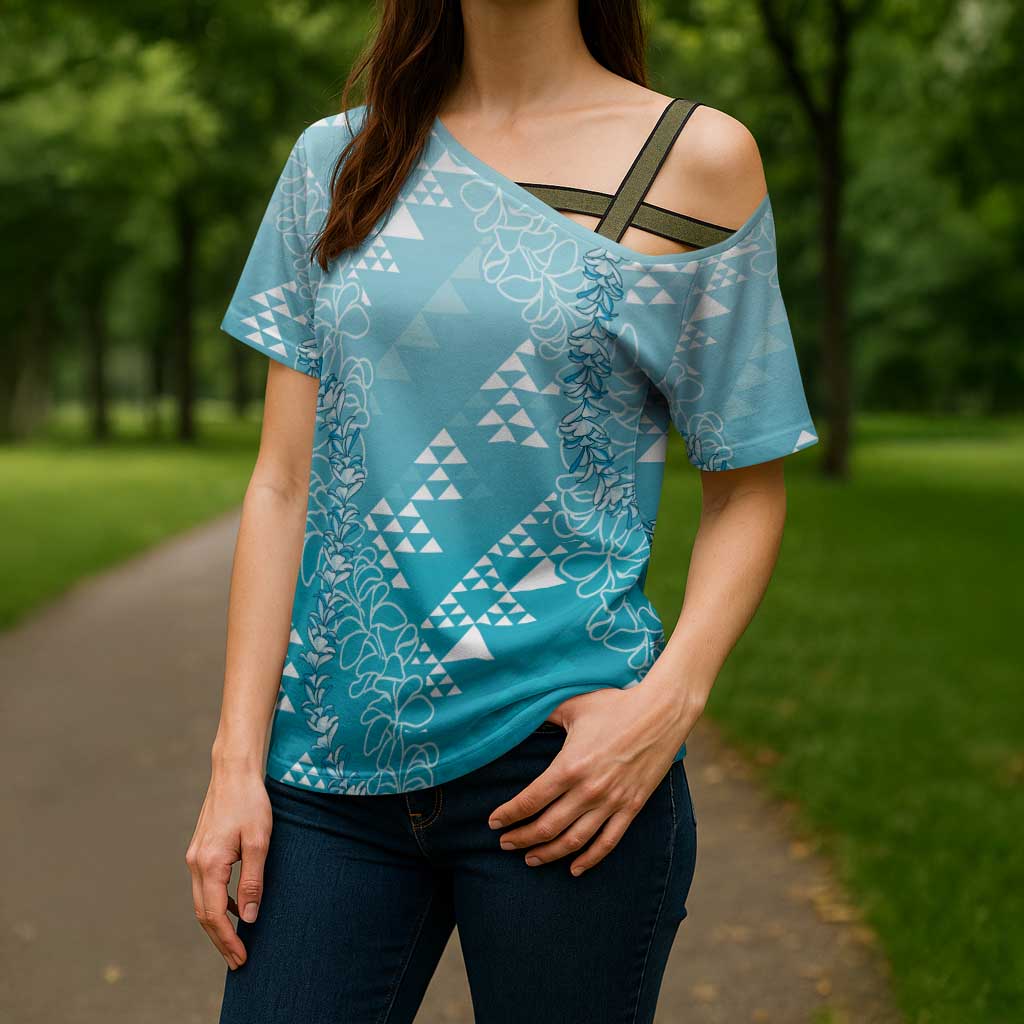 Hawaii Turquoise Kapa Cross Shoulder Shirt Vintage 'Ohe Kāpala Motifs Mix Plumeria Leis LT7 - Polynesian Pride