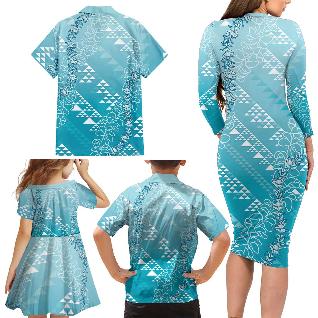 Hawaii Turquoise Kapa Family Matching Long Sleeve Bodycon Dress and Hawaiian Shirt Vintage 'Ohe Kāpala Motifs Mix Plumeria Leis LT7 - Polynesian Pride