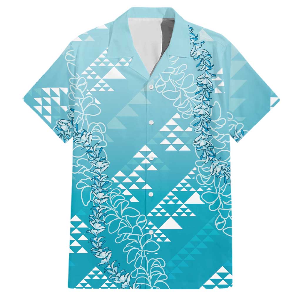 Hawaii Turquoise Kapa Family Matching Long Sleeve Bodycon Dress and Hawaiian Shirt Vintage 'Ohe Kāpala Motifs Mix Plumeria Leis LT7 Dad's Shirt - Short Sleeve Turquoise - Polynesian Pride