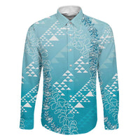 Hawaii Turquoise Kapa Family Matching Long Sleeve Bodycon Dress and Hawaiian Shirt Vintage 'Ohe Kāpala Motifs Mix Plumeria Leis LT7 Dad's Shirt - Long Sleeve Turquoise - Polynesian Pride