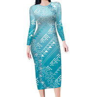 Hawaii Turquoise Kapa Family Matching Long Sleeve Bodycon Dress and Hawaiian Shirt Vintage 'Ohe Kāpala Motifs Mix Plumeria Leis LT7 Mom's Dress Turquoise - Polynesian Pride