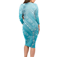 Hawaii Turquoise Kapa Family Matching Long Sleeve Bodycon Dress and Hawaiian Shirt Vintage 'Ohe Kāpala Motifs Mix Plumeria Leis LT7 - Polynesian Pride