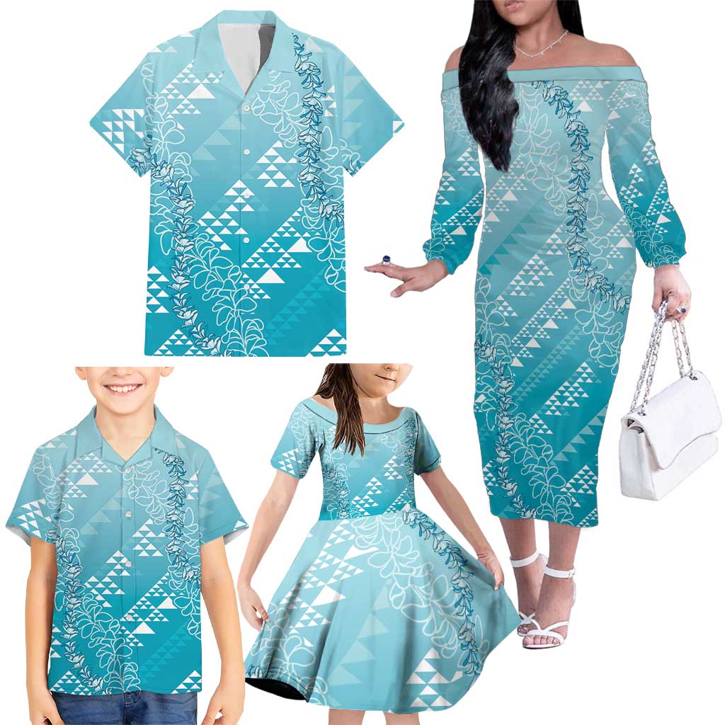 Hawaii Turquoise Kapa Family Matching Off The Shoulder Long Sleeve Dress and Hawaiian Shirt Vintage 'Ohe Kāpala Motifs Mix Plumeria Leis