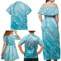 Hawaii Turquoise Kapa Family Matching Off Shoulder Maxi Dress and Hawaiian Shirt Vintage 'Ohe Kāpala Motifs Mix Plumeria Leis LT7 - Polynesian Pride