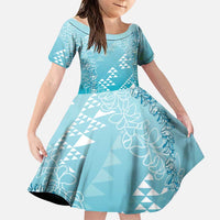 Hawaii Turquoise Kapa Family Matching Off Shoulder Short Dress and Hawaiian Shirt Vintage 'Ohe Kāpala Motifs Mix Plumeria Leis LT7 Daughter's Dress Turquoise - Polynesian Pride