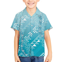 Hawaii Turquoise Kapa Family Matching Off Shoulder Short Dress and Hawaiian Shirt Vintage 'Ohe Kāpala Motifs Mix Plumeria Leis LT7 Son's Shirt Turquoise - Polynesian Pride