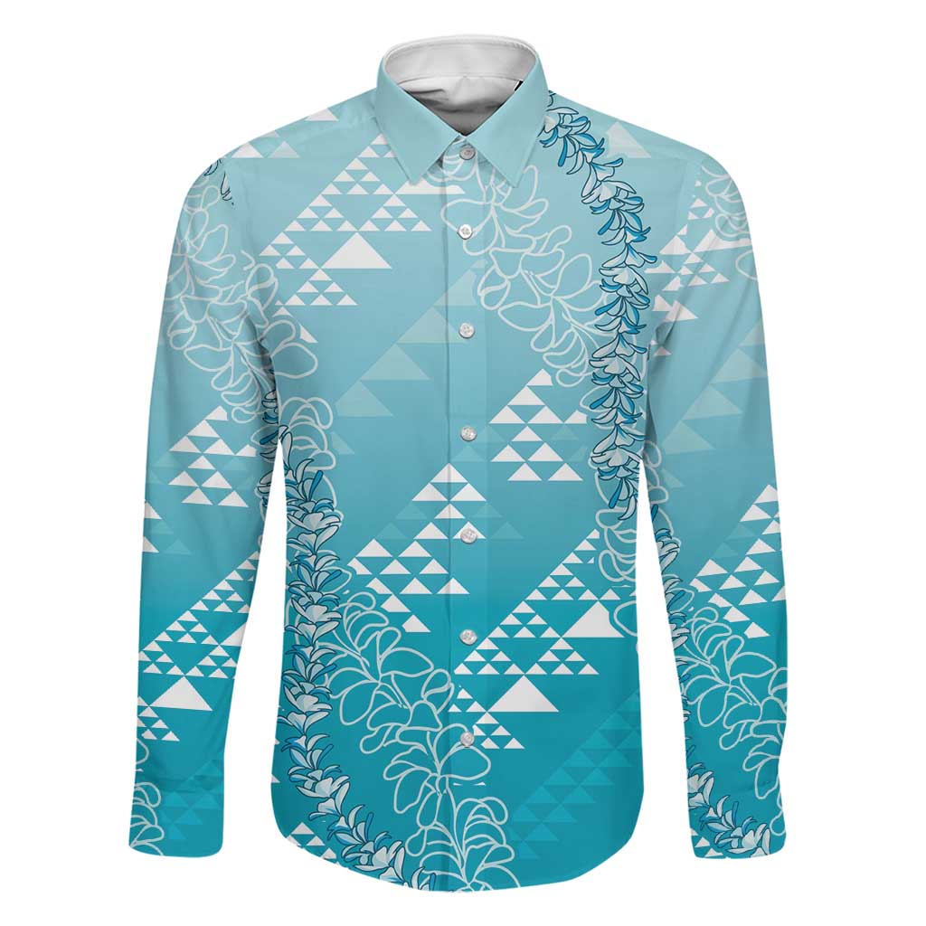 Hawaii Turquoise Kapa Family Matching Tank Maxi Dress and Hawaiian Shirt Vintage 'Ohe Kāpala Motifs Mix Plumeria Leis LT7 Dad's Shirt - Long Sleeve Turquoise - Polynesian Pride