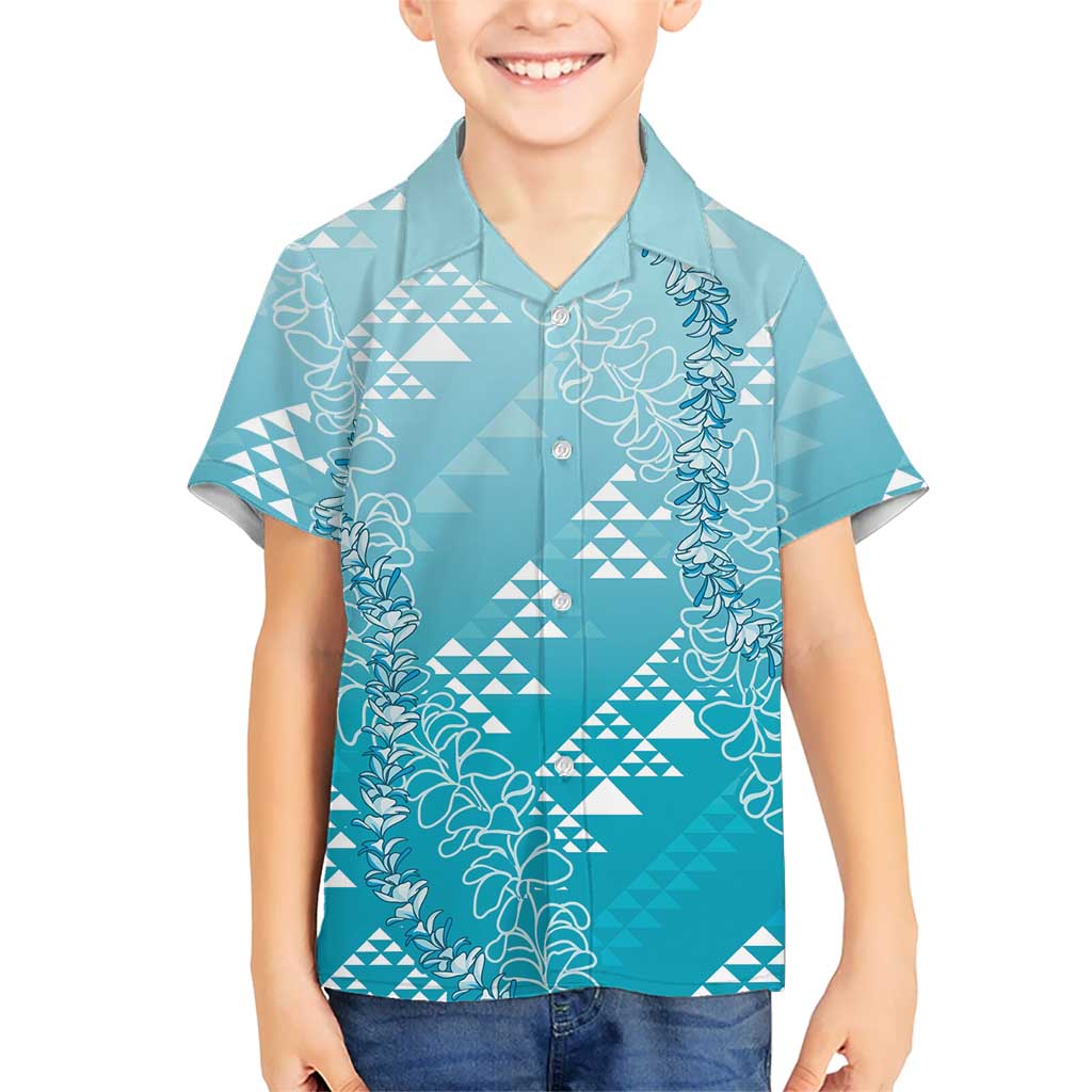 Hawaii Turquoise Kapa Family Matching Tank Maxi Dress and Hawaiian Shirt Vintage 'Ohe Kāpala Motifs Mix Plumeria Leis LT7 Son's Shirt Turquoise - Polynesian Pride
