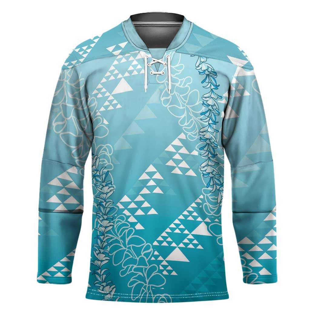 Hawaii Turquoise Kapa Hockey Jersey Vintage 'Ohe Kāpala Motifs Mix Plumeria Leis LT7 Unisex Turquoise - Polynesian Pride