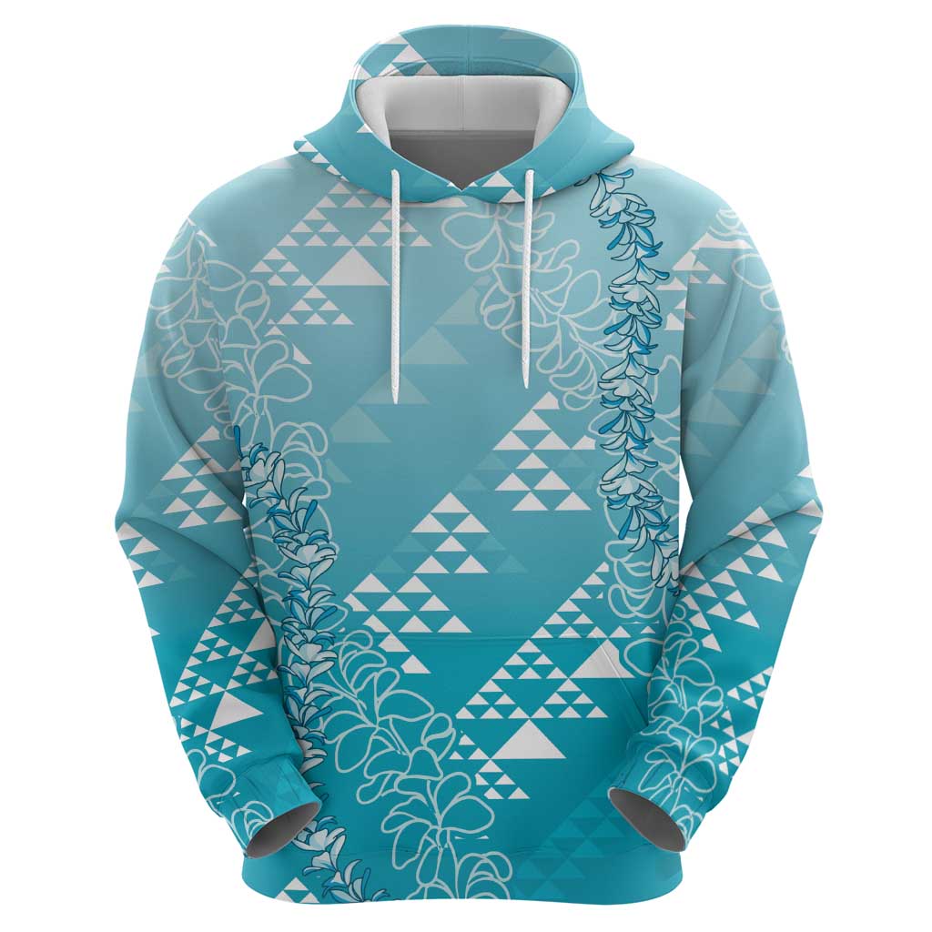 Hawaii Turquoise Kapa Hoodie Vintage 'Ohe Kāpala Motifs Mix Plumeria Leis LT7 - Polynesian Pride