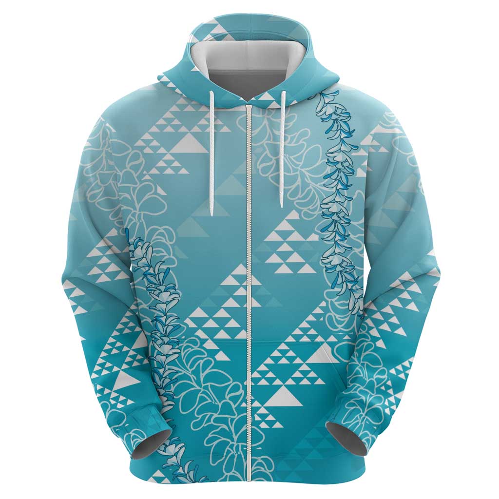 Hawaii Turquoise Kapa Hoodie Vintage 'Ohe Kāpala Motifs Mix Plumeria Leis LT7 - Polynesian Pride