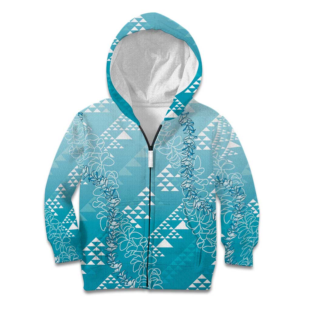 Hawaii Turquoise Kapa Kid Hoodie Vintage 'Ohe Kāpala Motifs Mix Plumeria Leis LT7 Zip Hoodie Turquoise - Polynesian Pride