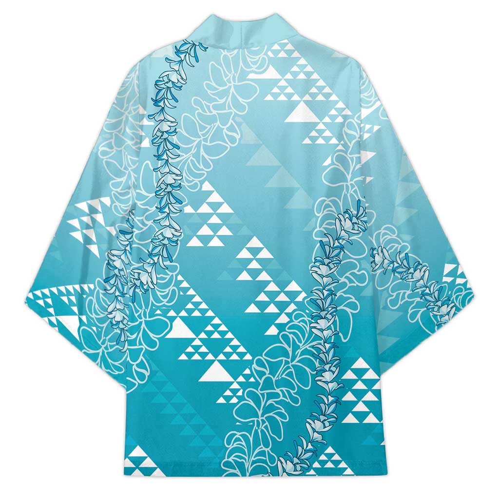 Hawaii Turquoise Kapa Kimono Vintage 'Ohe Kāpala Motifs Mix Plumeria Leis