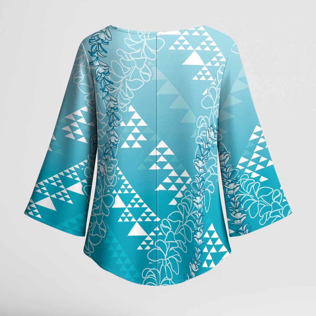 Hawaii Turquoise Kapa Kimono Sleeve Blouse Vintage 'Ohe Kāpala Motifs Mix Plumeria Leis LT7 - Polynesian Pride