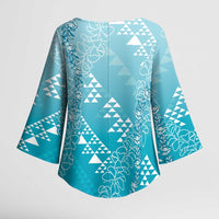 Hawaii Turquoise Kapa Kimono Sleeve Blouse Vintage 'Ohe Kāpala Motifs Mix Plumeria Leis LT7 - Polynesian Pride