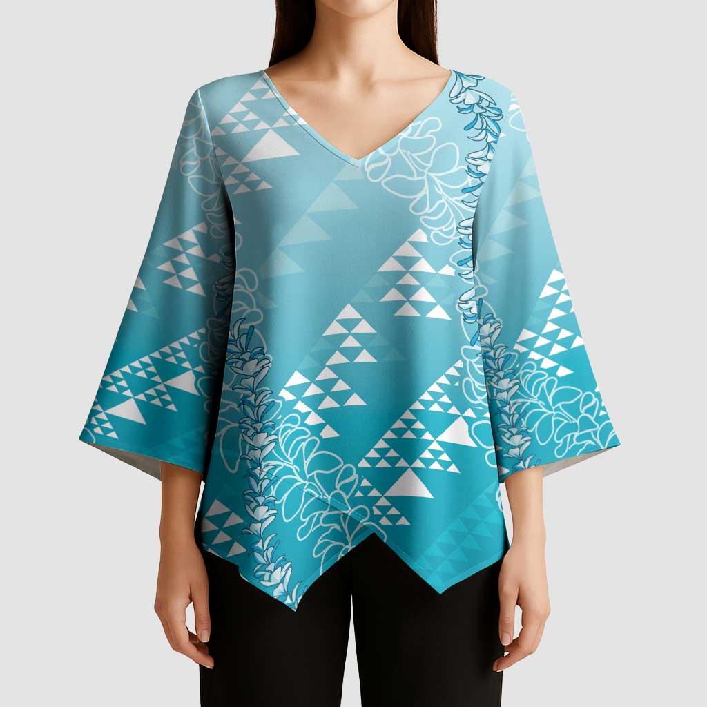 Hawaii Turquoise Kapa Kimono Sleeve Blouse Vintage 'Ohe Kāpala Motifs Mix Plumeria Leis LT7 - Polynesian Pride