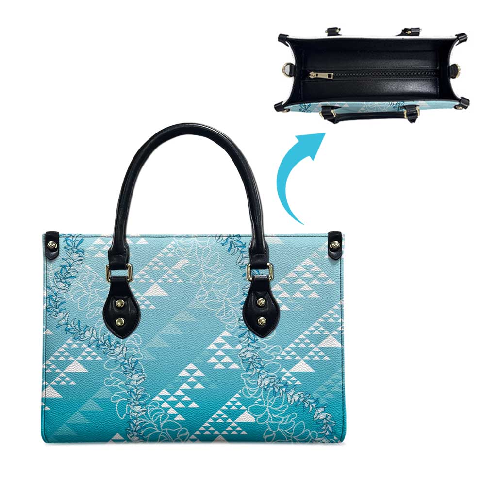 Hawaii Turquoise Kapa Leather Bag Vintage 'Ohe Kāpala Motifs Mix Plumeria Leis