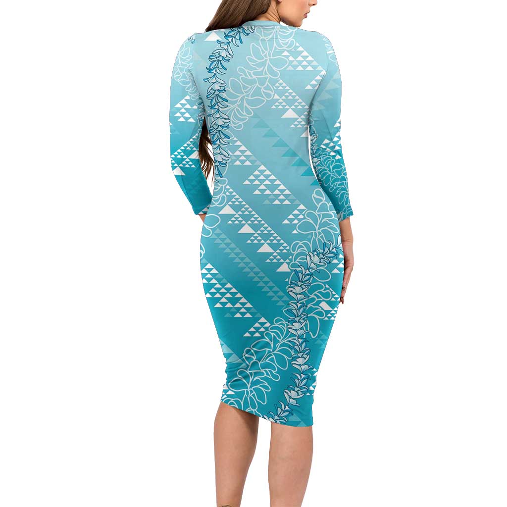 Hawaii Turquoise Kapa Long Sleeve Bodycon Dress Vintage 'Ohe Kāpala Motifs Mix Plumeria Leis LT7 - Polynesian Pride