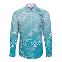 Hawaii Turquoise Kapa Long Sleeve Button Shirt Vintage 'Ohe Kāpala Motifs Mix Plumeria Leis LT7 Unisex Turquoise - Polynesian Pride